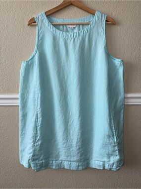 Pure Jill 100% Linen Tank Top Light Icy Blue Pockets Coastal Size Large